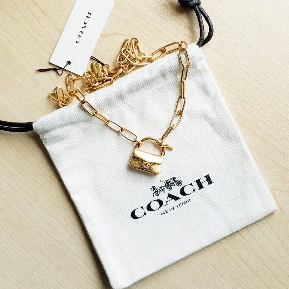 NWT Coach Mini Tabby Handbag Charm Brass Tone Pendant Paperclip Chain Necklace - Picture 4 of 7
